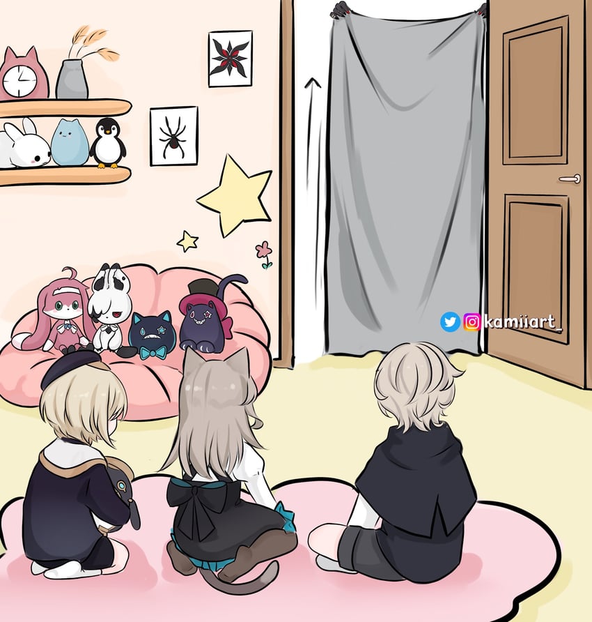 arlecchino, lynette, lyney, freminet, and rosseland (genshin impact) drawn by kamiiart