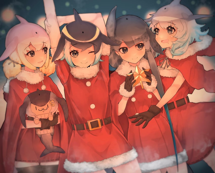 common dolphin, common bottlenose dolphin, narwhal, blue whale, and chinese white dolphin (kemono friends) drawn by kuros_aki_na