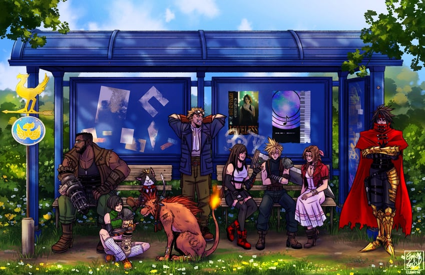 tifa lockhart, cloud strife, aerith gainsborough, yuffie kisaragi, vincent valentine, and 4 more (final fantasy and 3 more) drawn by elenimut_art