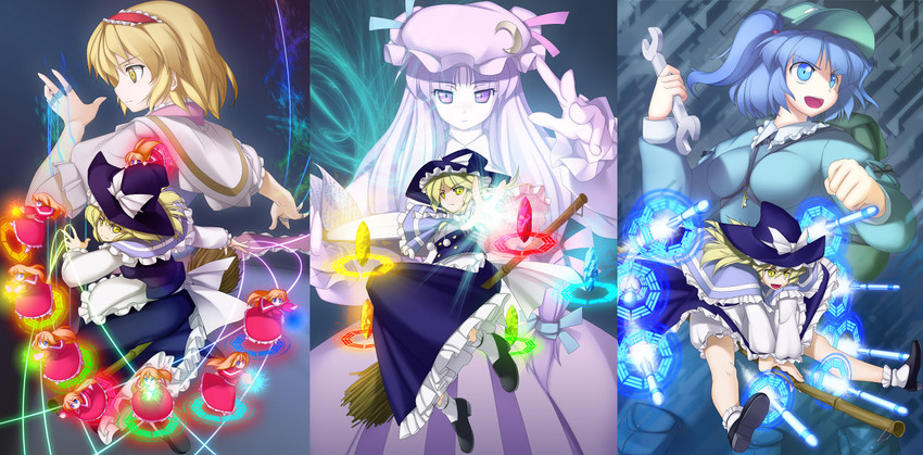 kirisame marisa, alice margatroid, patchouli knowledge, kawashiro nitori, and shanghai doll (touhou and 1 more) drawn by suematsu_jerry