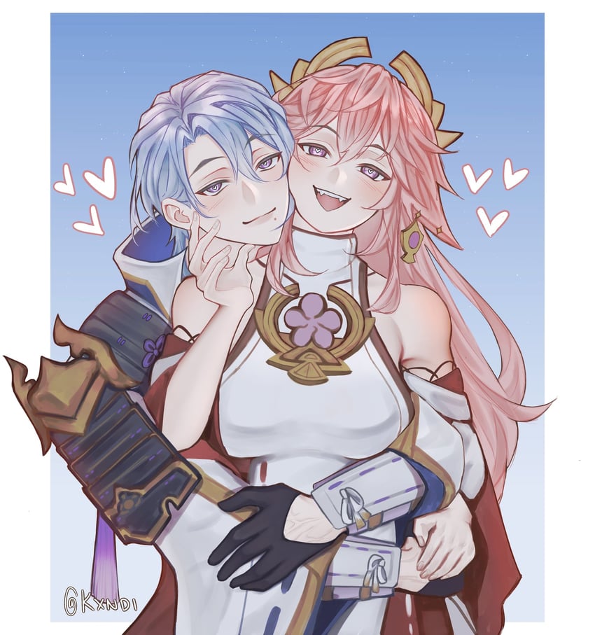 yae miko and kamisato ayato (genshin impact) drawn by kxndi