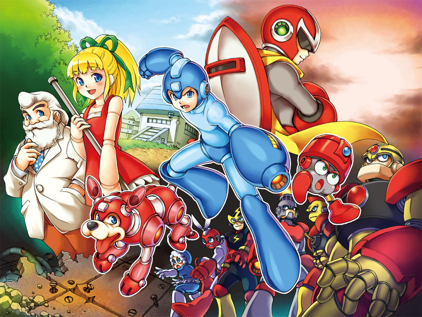 roll, mega man, proto man, rush, dr. light, and 7 more (mega man and 1 more) drawn by toshi