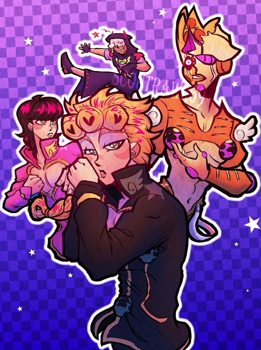 giorno giovanna, gold experience, haruno shiobana, jodio joestar, and gold experience requiem (jojo no kimyou na bouken and 2 more) drawn by scoutroaring