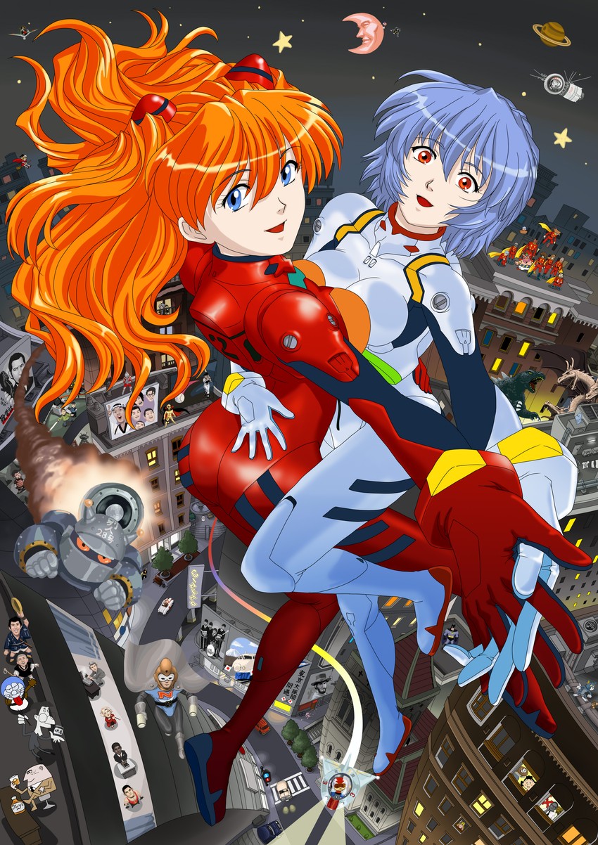 souryuu asuka langley, ayanami rei, godzilla, doraemon, batman, and 20 more (neon genesis evangelion and 27 more) drawn by apple2e and eightman