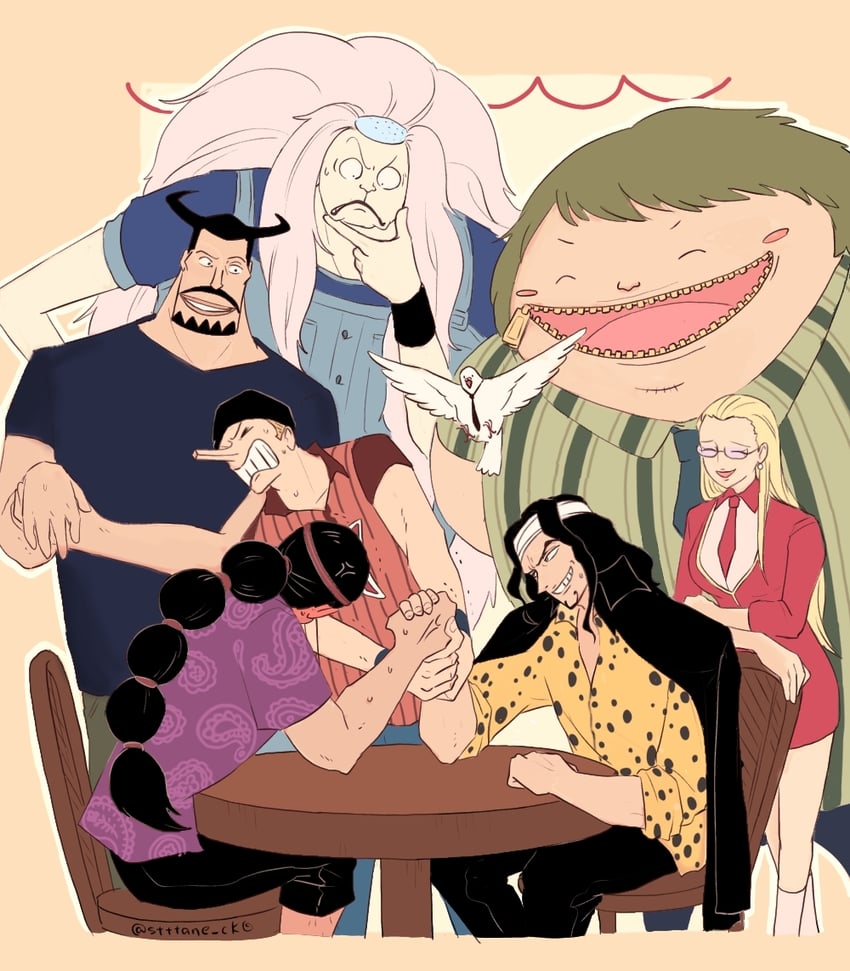 rob lucci, kalifa, kaku, hattori, jabra, and 3 more (one piece) drawn by sutaneko