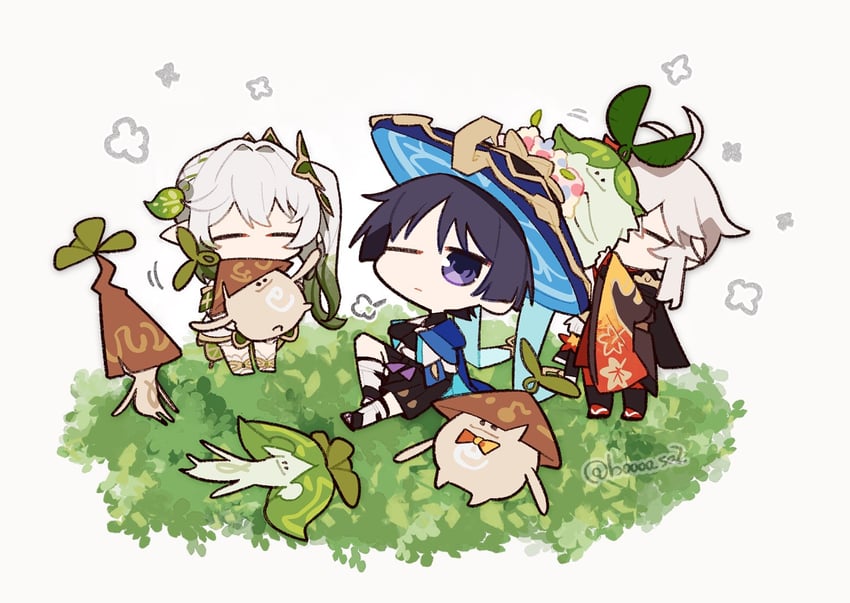scaramouche, nahida, wanderer, kaedehara kazuha, and aranara (genshin impact) drawn by shigetake_(buroira)