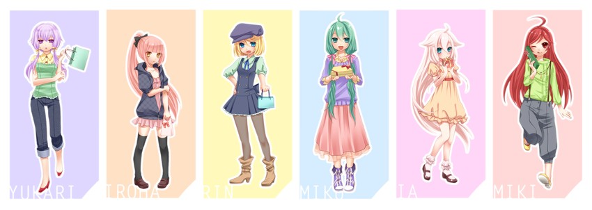 hatsune miku, kagamine rin, yuzuki yukari, ia, sf-a2 miki, and 1 more (vocaloid and 1 more) drawn by yayoi_(egoistic_realism)
