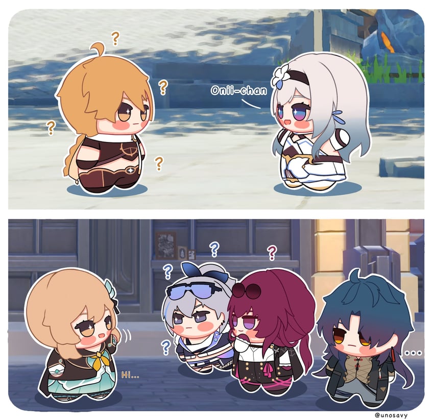 lumine, firefly, aether, kafka, silver wolf, and 1 more (genshin impact and 3 more) drawn by unosavy