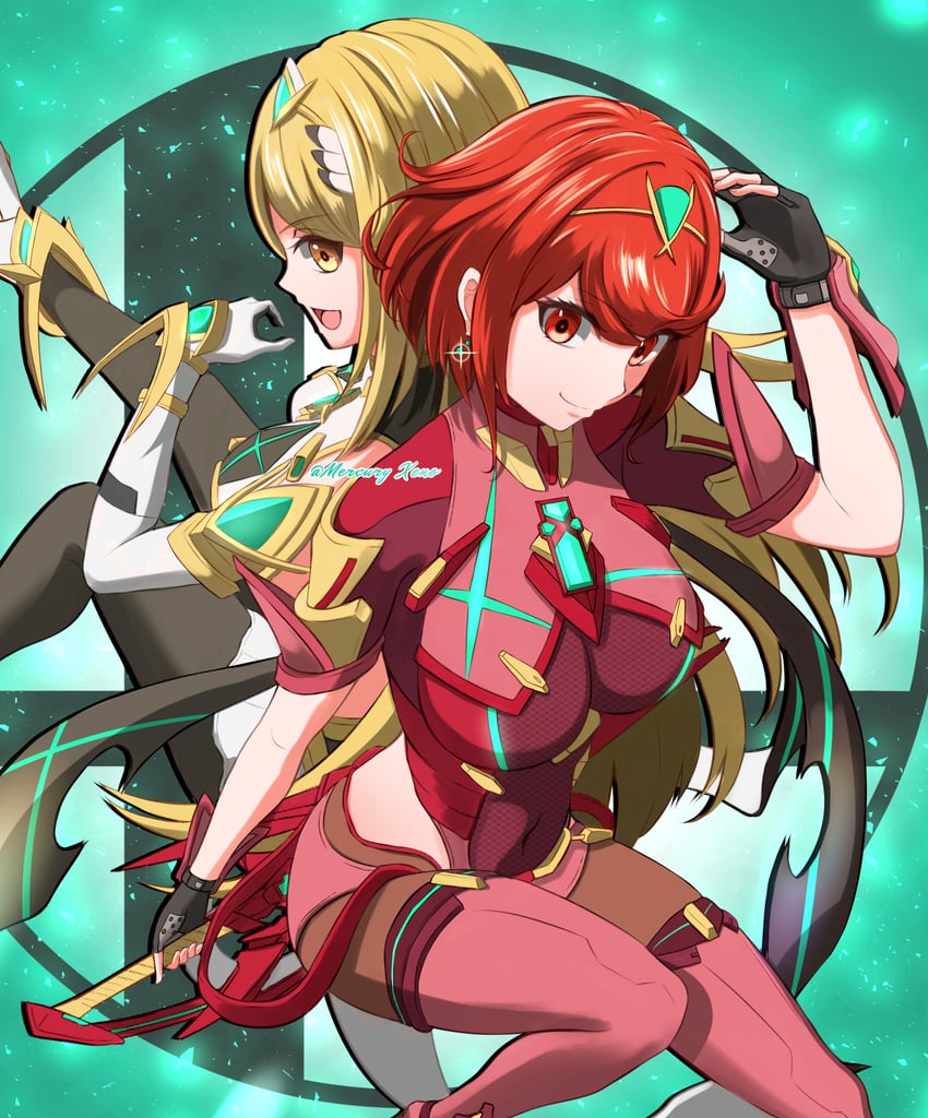 pyra and mythra (xenoblade chronicles and 2 more) drawn by mercury_xeno