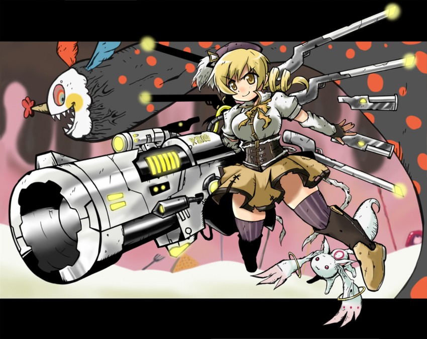 tomoe mami, kyubey, charlotte, and rizegreymon (mahou shoujo madoka magica and 2 more) drawn by n36hoko