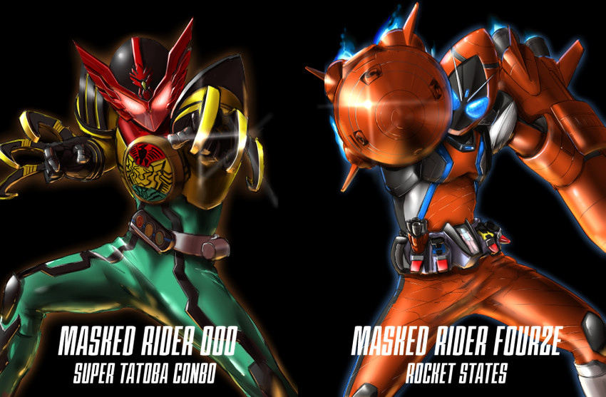 kamen rider ooo, kamen rider fourze, and super tatoba (kamen rider and 3 more) drawn by sukekiyo56