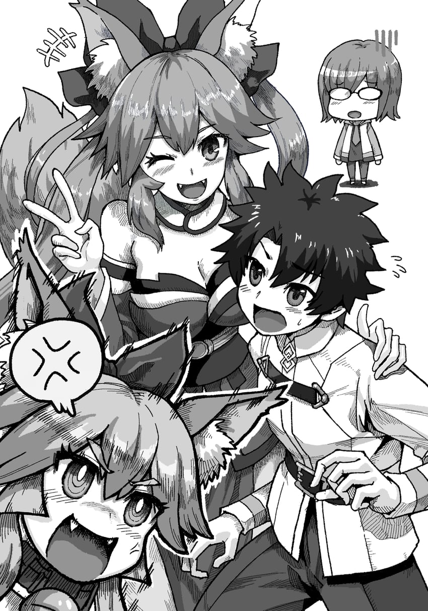 mash kyrielight, fujimaru ritsuka, tamamo, tamamo no mae, and tamamo cat (fate and 2 more) drawn by kusama_takato