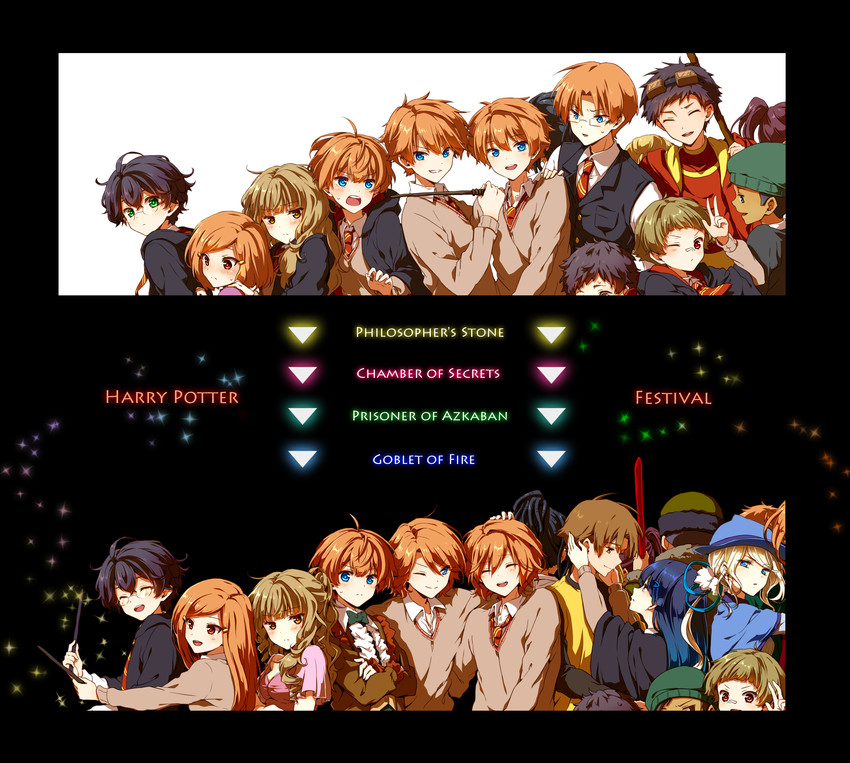 hermione granger, harry potter, ron weasley, ginny weasley, george weasley, and 12 more (wizarding world and 3 more) drawn by kapirusu