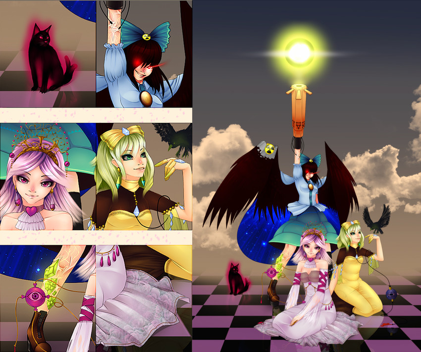 komeiji koishi, komeiji satori, kaenbyou rin, and reiuji utsuho (touhou) drawn by dizmathik