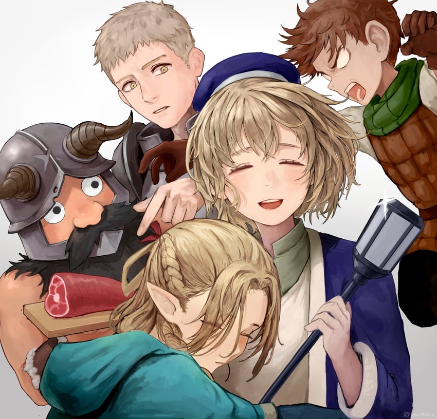 marcille donato, falin touden, laios touden, senshi, and chilchuck tims (dungeon meshi) drawn by van_mao