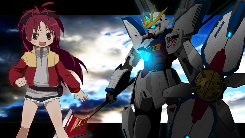 sakura kyoko and gundam x (mahou shoujo madoka magica and 2 more) drawn by kuro_chairo_no_neko