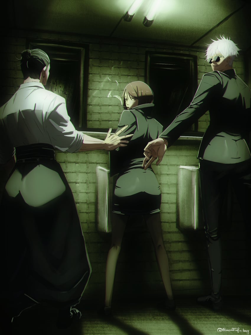 gojou satoru, getou suguru, and ieiri shoko (jujutsu kaisen) drawn by almondtofu_boy