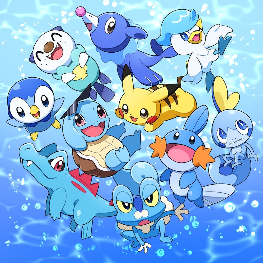 pikachu, piplup, oshawott, squirtle, sobble, and 5 more (pokemon) drawn by pon_yui