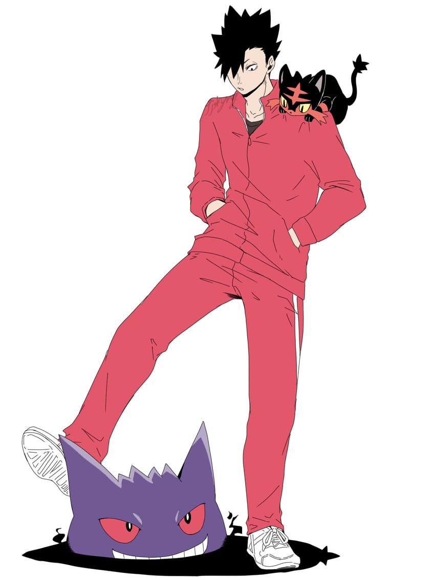 gengar, litten, and kuroo tetsurou (pokemon and 1 more) drawn by fjskyng