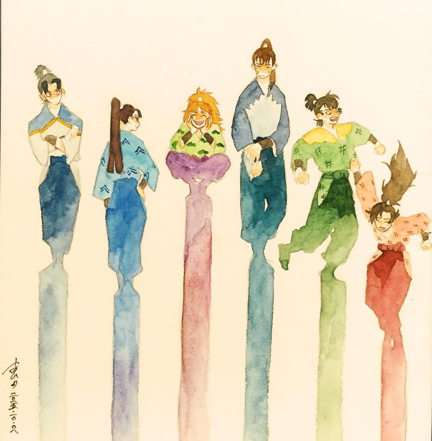 zenpouji isaku, tachibana senzou, nanamatsu koheita, shioe monjirou, kema tomesaburou, and 1 more (rakudai ninja rantarou) drawn by ashio_1489