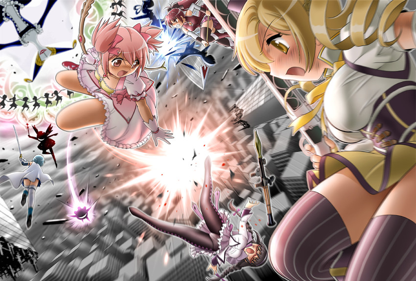 akemi homura, kaname madoka, miki sayaka, sakura kyoko, tomoe mami, and 2 more (mahou shoujo madoka magica) drawn by shingyouji_tatsuya