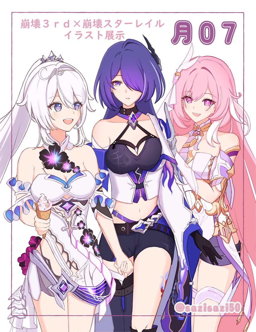 kiana kaslana, acheron, and elysia (honkai and 2 more) drawn by sazisazi50