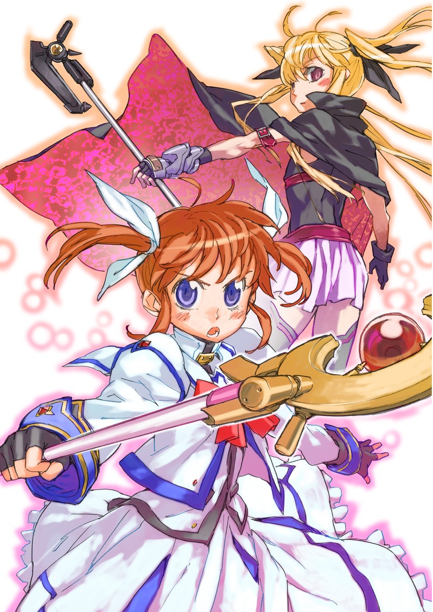 fate testarossa, takamachi nanoha, raising heart, and bardiche (lyrical nanoha and 2 more) drawn by katou_haruaki