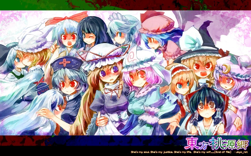 hakurei reimu, kirisame marisa, remilia scarlet, izayoi sakuya, konpaku youmu, and 9 more (touhou) drawn by ukyo_rst