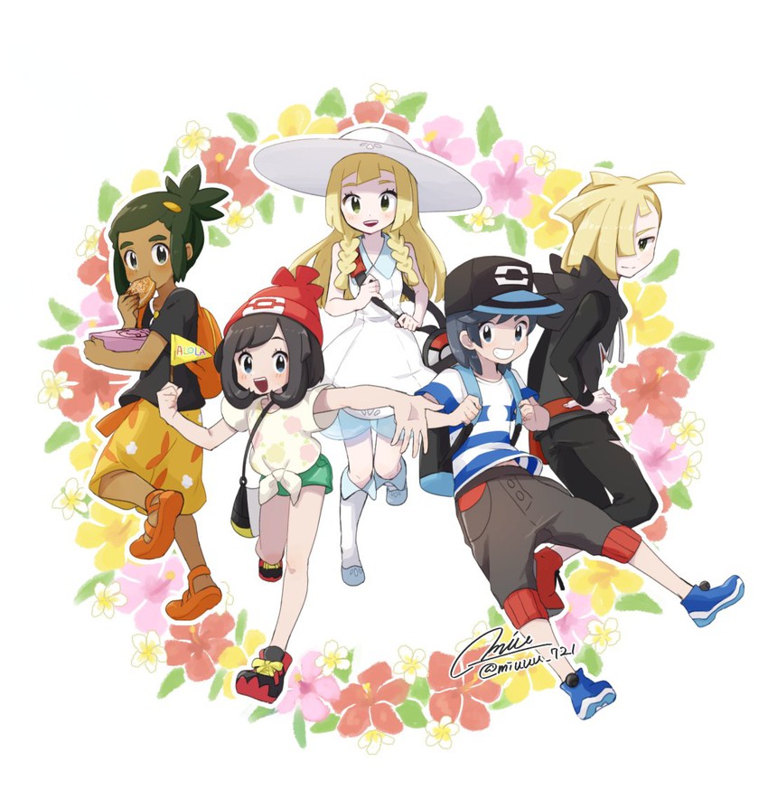 lillie, selene, elio, gladion, and hau (pokemon and 1 more) drawn by miu_(miuuu_721)