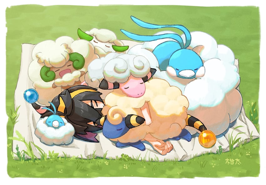 kieran, altaria, swablu, whimsicott, mareep, and 2 more (pokemon and 1 more) drawn by kanchan_kani