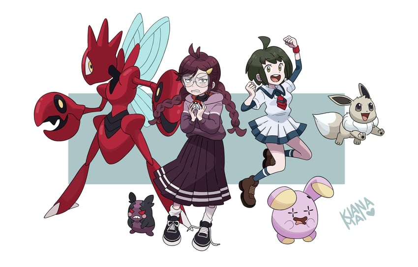 eevee, morpeko, fukawa toko, scizor, naegi komaru, and 1 more (pokemon and 2 more) drawn by kiana_mai