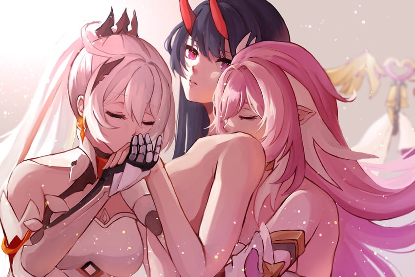 kiana kaslana, raiden mei, and elysia (honkai and 1 more) drawn by mofumanju