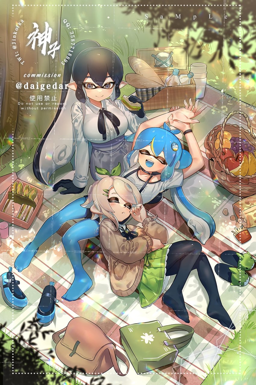 inkling player character, inkling girl, octoling player character, and octoling girl (splatoon) drawn by jinkoika