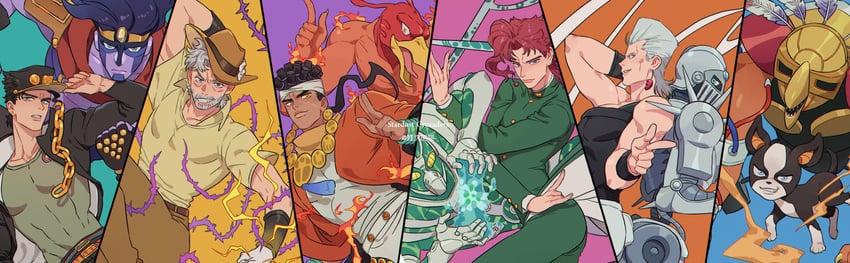 joseph joestar, kujo jotaro, kakyoin noriaki, jean pierre polnareff, star platinum, and 7 more (jojo no kimyou na bouken and 1 more) drawn by honlo