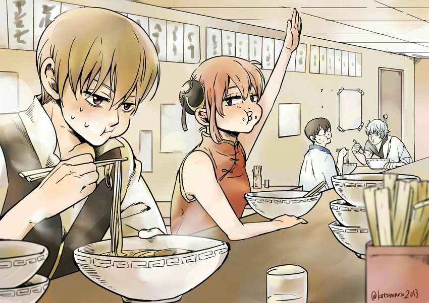 sakata gintoki, kagura, okita sougo, and shimura shinpachi (gintama) drawn by kotomaru