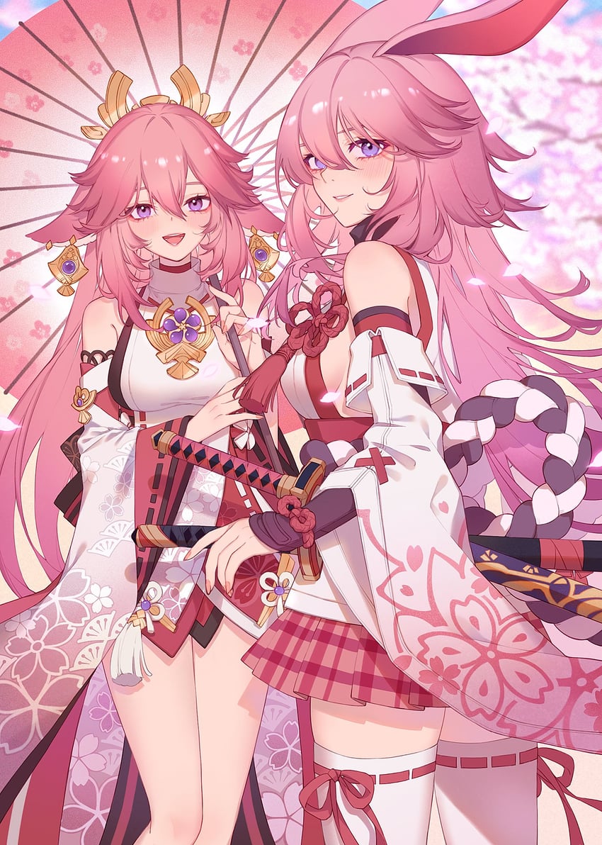 yae miko, yae sakura, and sakura ayane (genshin impact and 3 more) drawn by ria_(yfvv_ria)