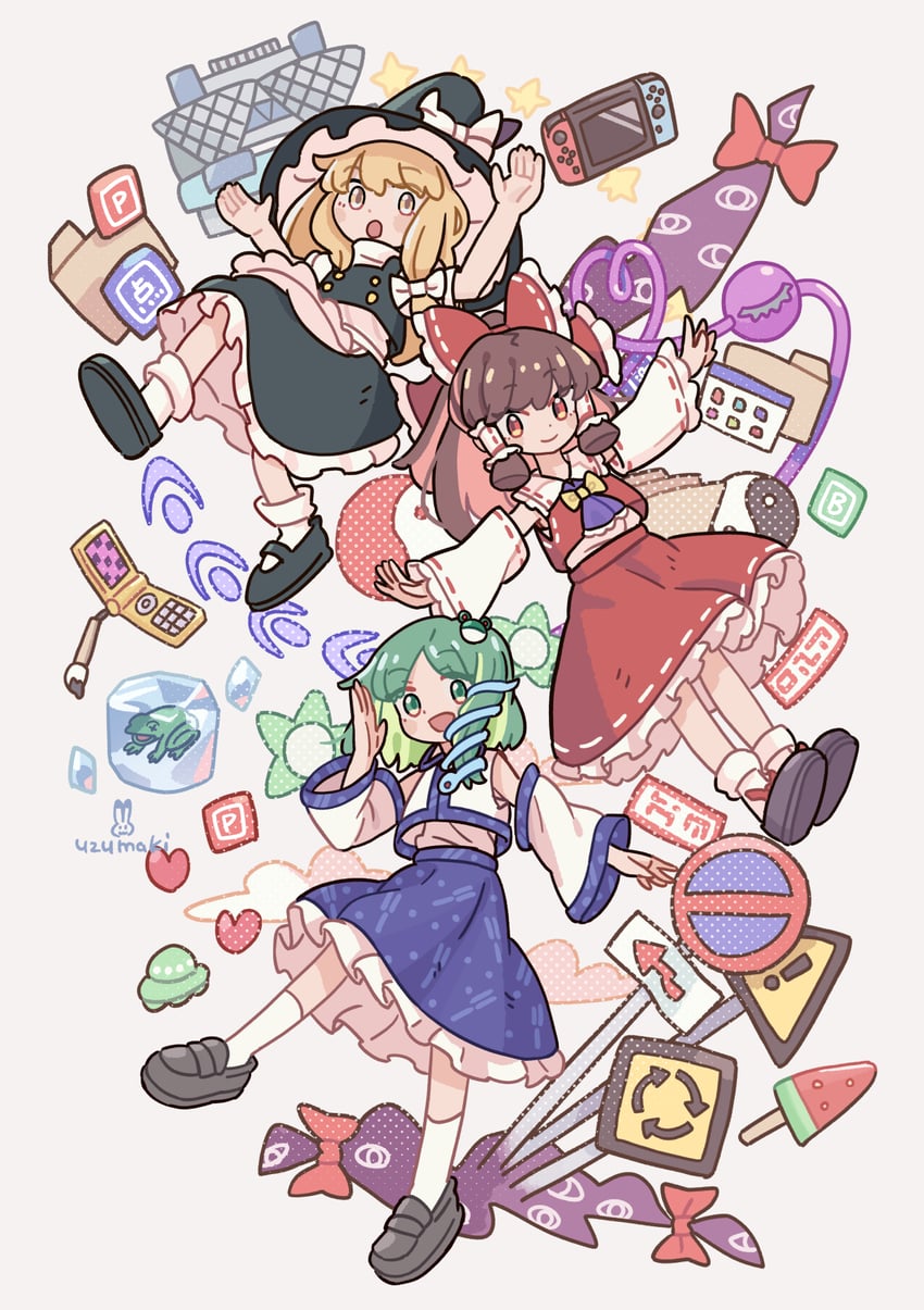 hakurei reimu, kirisame marisa, and kochiya sanae (touhou) drawn by uzumaki_osushi