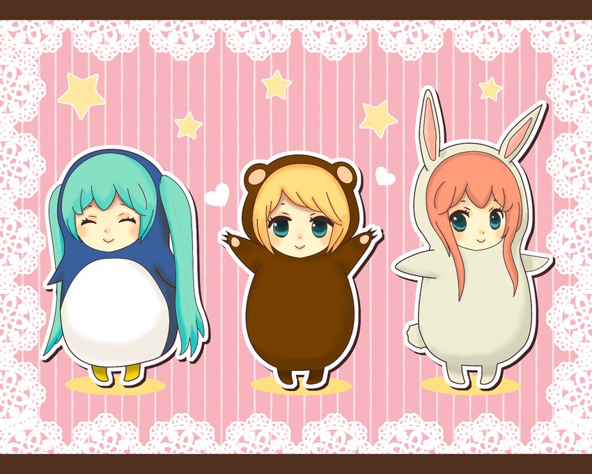 hatsune miku, kagamine rin, and megurine luka (vocaloid) drawn by betete