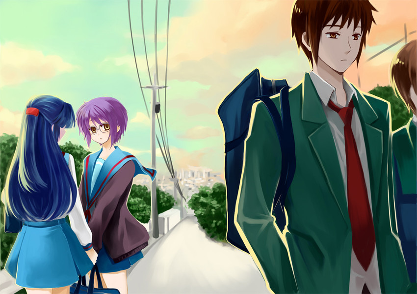 nagato yuki, kyon, asakura ryoko, and kunikida (suzumiya haruhi no yuuutsu and 1 more) drawn by yin_xing_zi