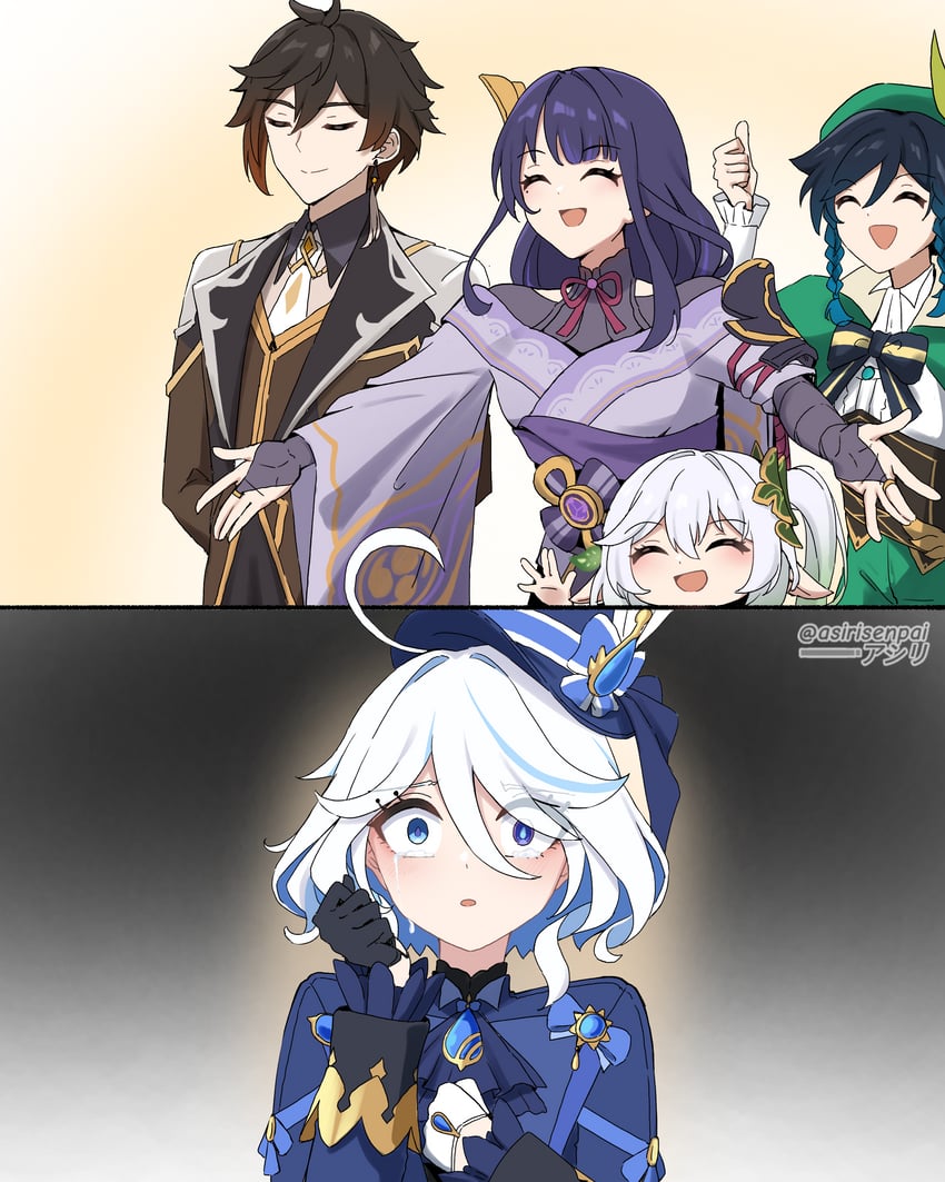 raiden shogun, furina, nahida, zhongli, and venti (genshin impact) drawn by asiri_senpai