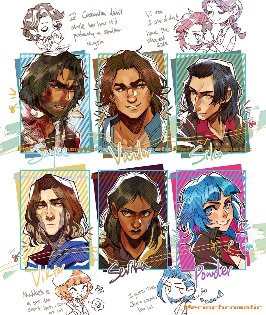 jinx, vi, arcane jinx, arcane vi, jayce, and 8 more (league of legends and 1 more) drawn by eriochromatic
