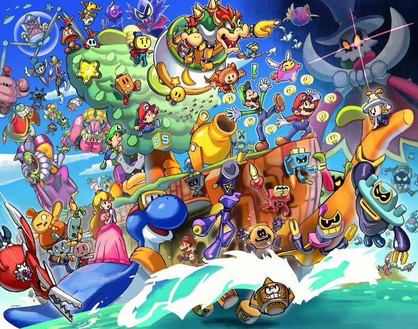 princess peach, mario, luigi, bowser, boo, and 66 more (mario and 8 more) drawn by maribou_(supermaribou)