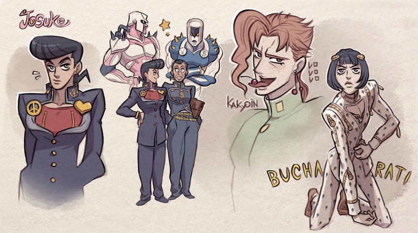 kakyoin noriaki, higashikata josuke, bruno bucciarati, nijimura okuyasu, crazy diamond, and 1 more (jojo no kimyou na bouken and 3 more) drawn by unoobang