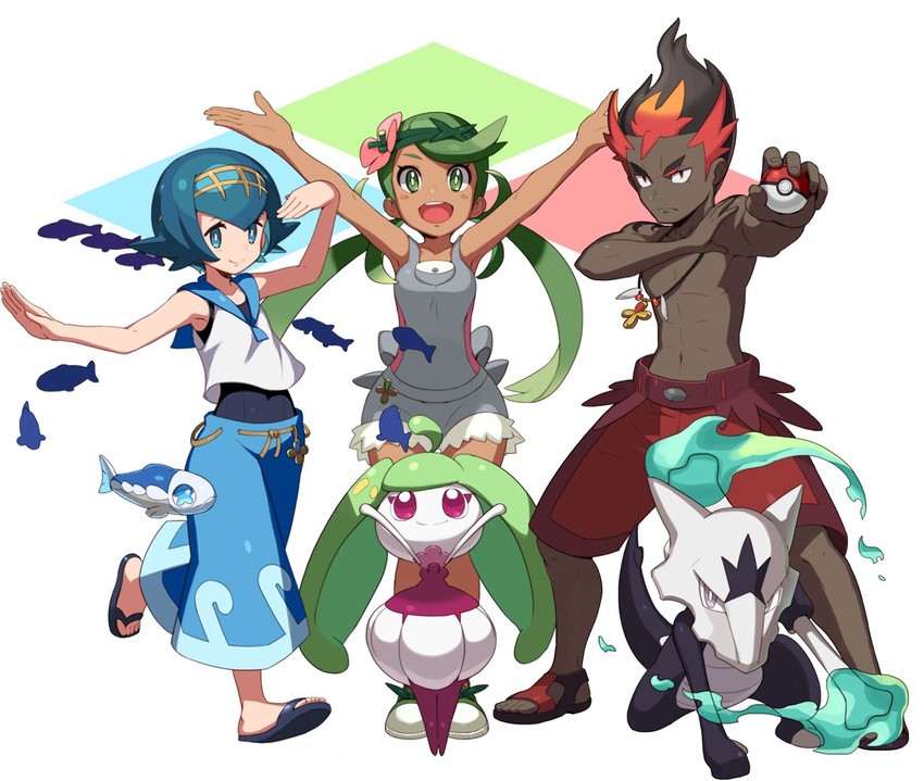 lana, mallow, wishiwashi, kiawe, steenee, and 1 more (pokemon and 1 more) drawn by tonami_kanji