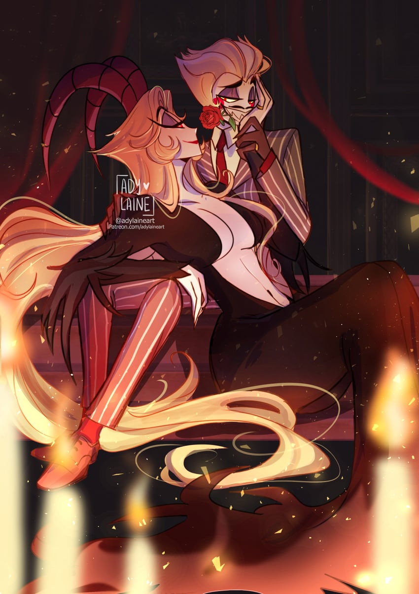 lucifer morningstar, lilith, morticia addams, and gomez addams (hazbin hotel and 1 more) drawn by adylaineart