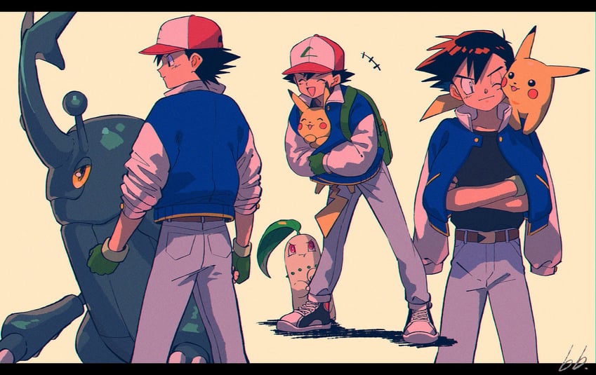 pikachu, ash ketchum, chikorita, and heracross (pokemon) drawn by kwsby_124