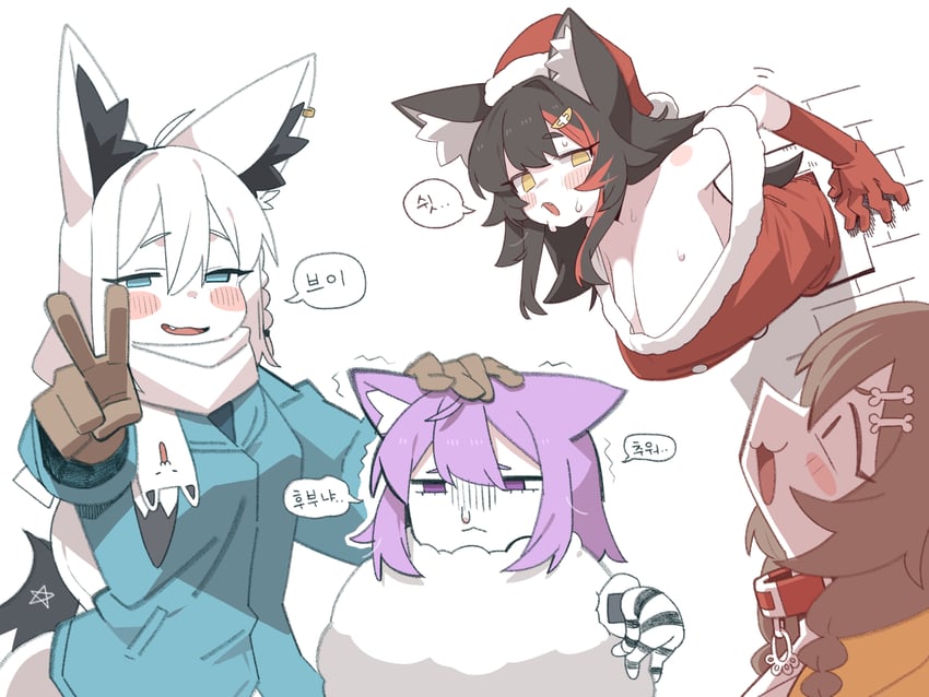 shirakami fubuki, nekomata okayu, ookami mio, inugami korone, and onigirya (hololive) drawn by cocomayo29_(tomato)