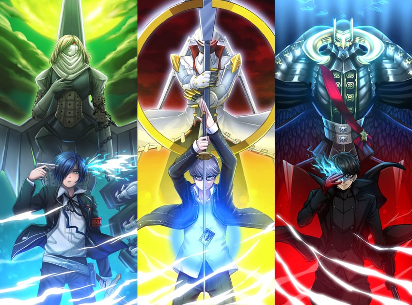 narukami yu, yuuki makoto, amamiya ren, izanagi no okami, messiah, and 1 more (persona and 3 more) drawn by kekeko2024