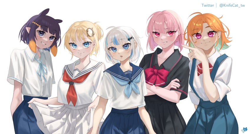 gawr gura, mori calliope, ninomae ina'nis, takanashi kiara, and watson amelia (hololive and 1 more) drawn by knifecat