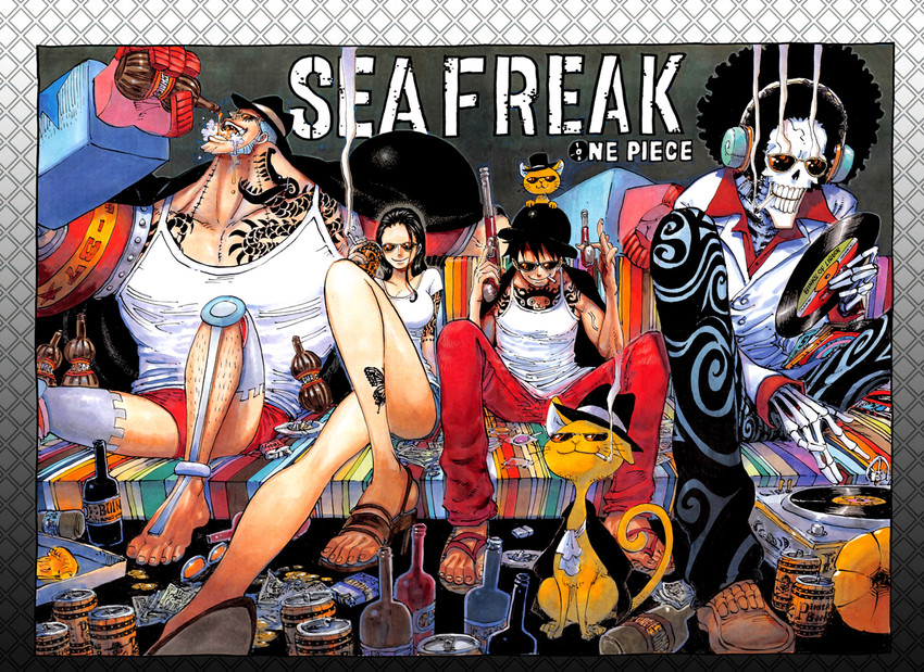 monkey d. luffy, nico robin, brook, and franky (one piece) drawn by oda_eiichirou